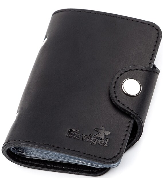 Визитница вертикальная Shvigel 13909 кожаная Черная фото, картинка, изображение