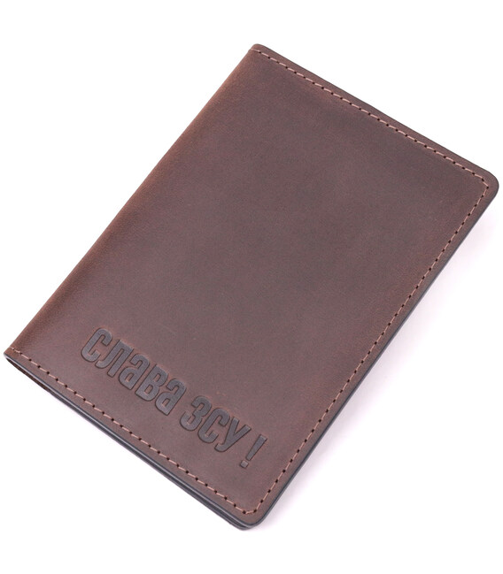 Добротная обложка на военный билет из винтажной кожи Слава ЗСУ GRANDE PELLE 16751 Коричневая фото, картинка, изображение