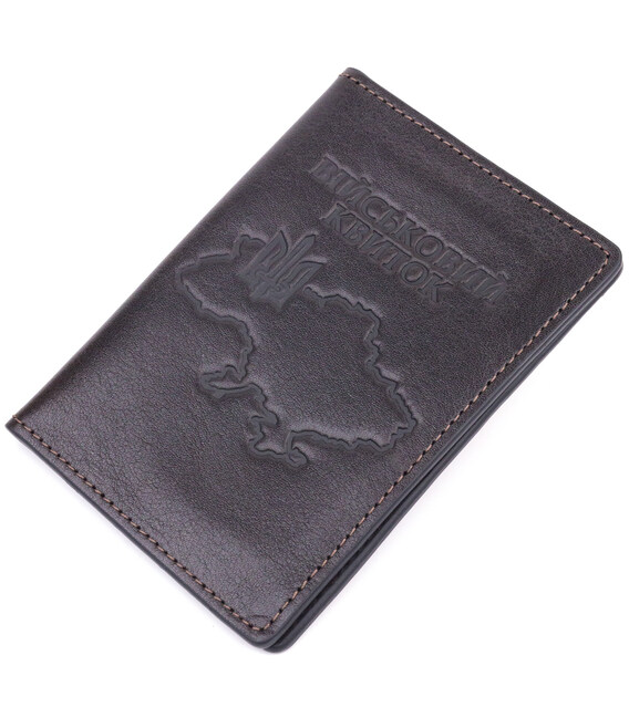 Практичная обложка из глянцевой кожи на военный билет Карта GRANDE PELLE 16778 Коричневая фото, картинка, изображение