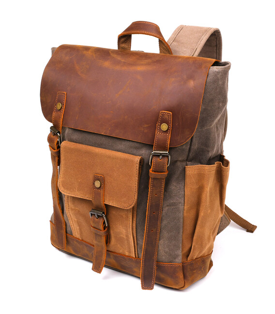 Рюкзак с боковыми карманами canvas Vintage 20112 Светло-серый фото, картинка, изображение