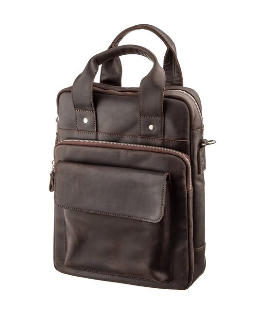 Винтажная сумка под А4 вертикального формата в матовой коже 11166 SHVIGEL, Коричневая фото, картинка, изображение