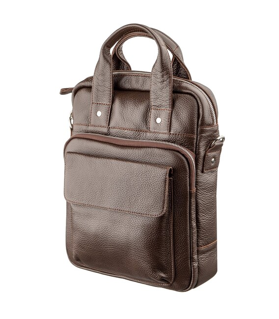 Качественная мужская сумка вертикального формата SHVIGEL 11168 под А4 Коричневая флотар фото, картинка, изображение