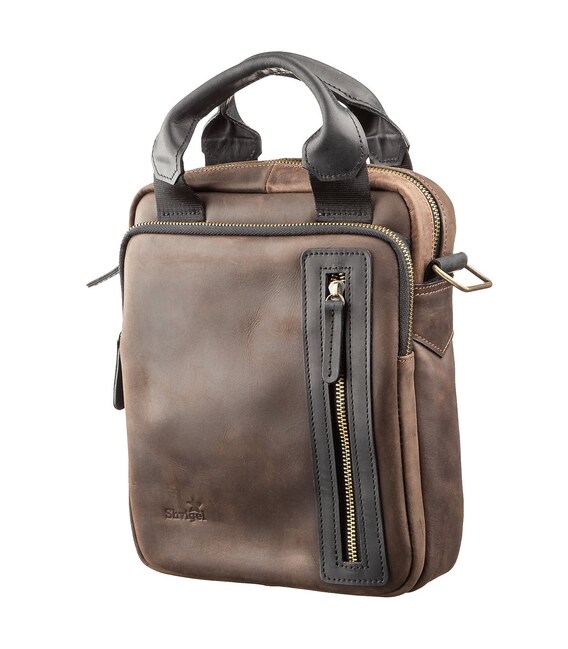Сумка мужская SHVIGEL 11182 в винтажной коже в комбинации коричневого и черного цвета фото, картинка, изображение
