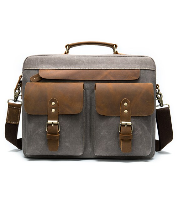 Сумка-портфель мужская текстильная с кожаными вставками Vintage 20001 Cерая фото, картинка, изображение