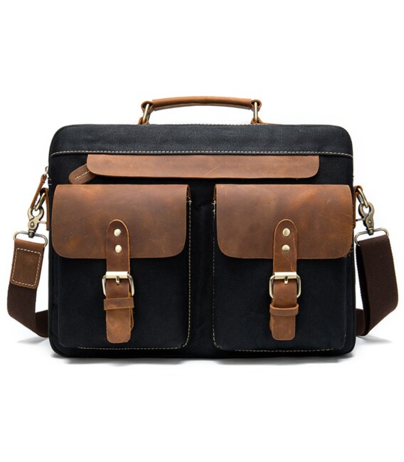 Сумка-портфель чоловіча текстильна з шкіряними вставками Vintage 20002 Чорна картинка, зображення, фото