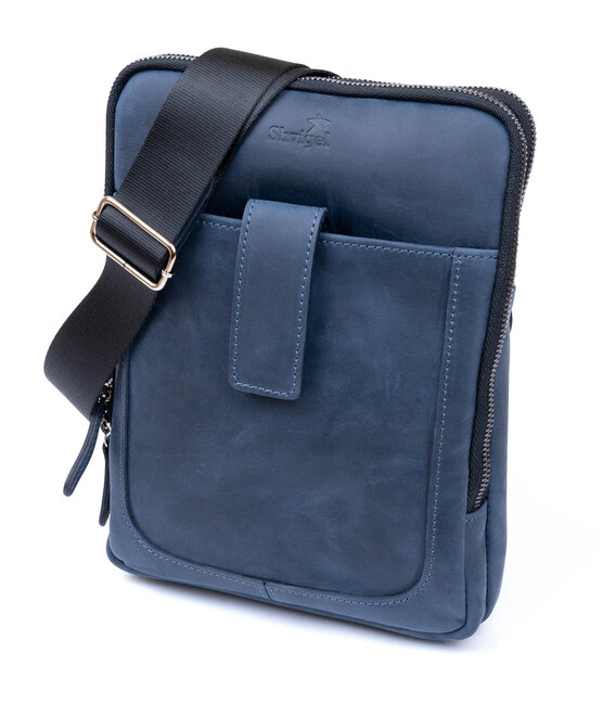 Сумка мужская планшет на два отделения винтажная кожаная SHVIGEL 11284 Синяя фото, картинка, изображение