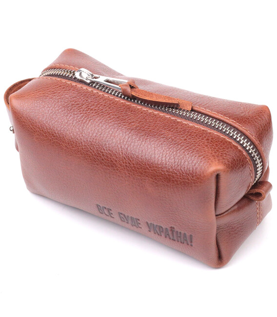 Компактная косметичка из гладкой кожи на молнии Украина GRANDE PELLE 16763 Светло-коричневая фото, картинка, изображение