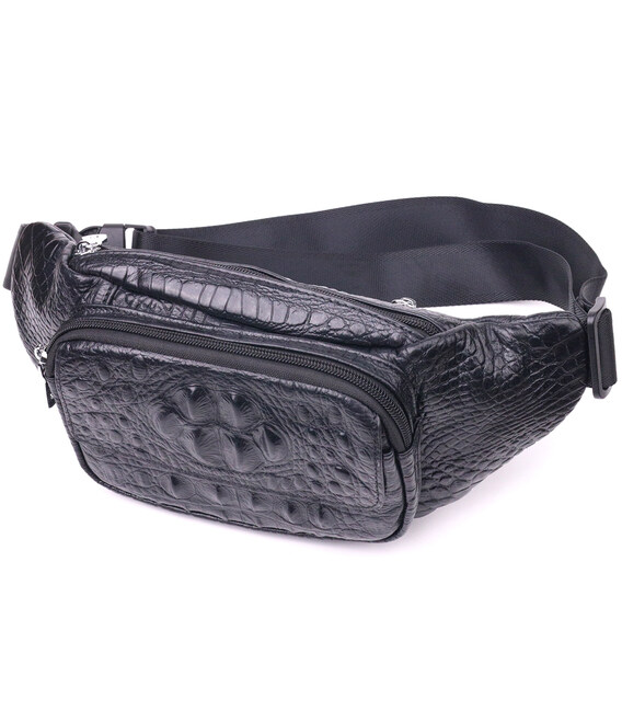 Стильная поясная сумка из натуральной кожи с фактурой под крокодила 21297 Vintage Черная фото, картинка, изображение