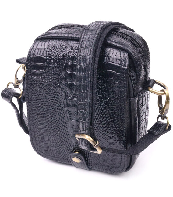 Небольшая мужская сумка из натуральной кожи с фактурой под крокодила 21299 Vintage Черная фото, картинка, изображение