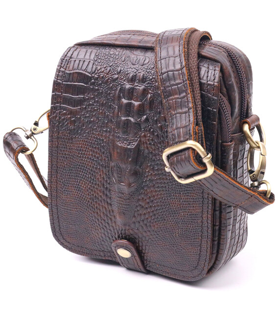 Фактурная мужская сумка из натуральной кожи с тиснением под крокодила 21300 Vintage Коричневая фото, картинка, изображение