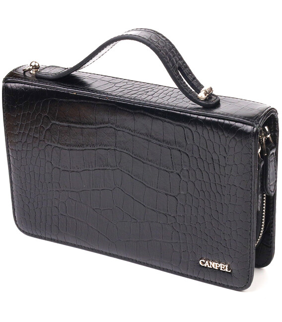 Стильная мужская барсетка на два отделения из натуральной фактурной кожи с тиснением под крокодила CANPELLINI 21570 Черная фото,