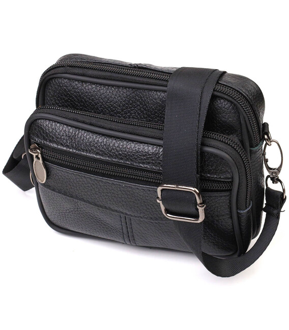 Горизонтальная поясная сумка для мужчин из натуральной кожи 21485 Vintage Черная фото, картинка, изображение