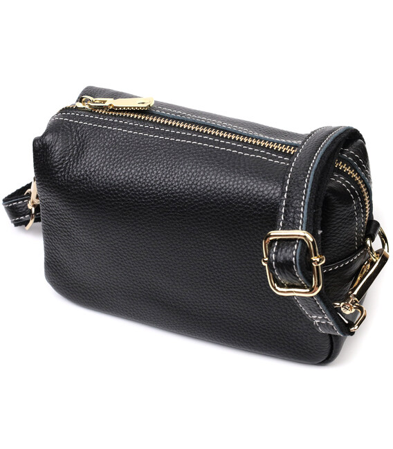 Женская элегантная сумка с двумя ремнями из натуральной кожи Vintage 22276 Черный фото, картинка, изображение