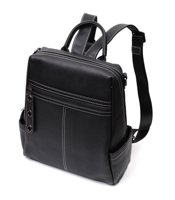 Вместительный женский рюкзак-сумка прошитый белой строчкой из натуральной кожи Vintage 22314 Черный фото, картинка, изображение