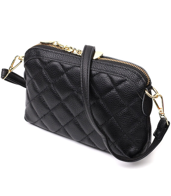 Класична сумка жіноча через плече з натуральної стьобаної шкіри Vintage 22315 Чорна картинка, зображення, фото