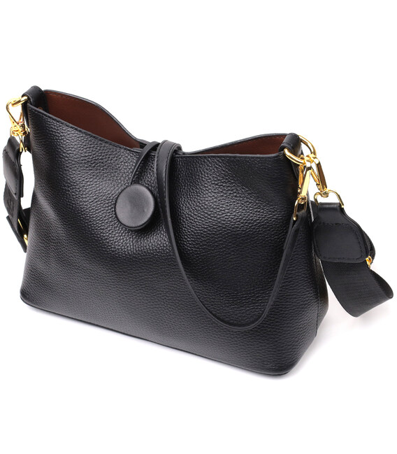 Женская сумка с оригинальной застежкой пуговкой из натуральной кожи Vintage 22319 Черная фото, картинка, изображение