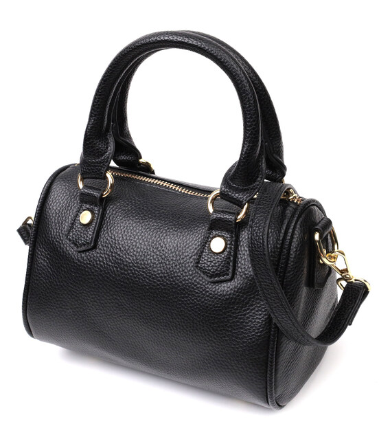 Элегантная женская сумка бочонок с двумя ручками из натуральной кожи Vintage 22353 Черная фото, картинка, изображение