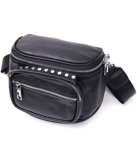 Сумка для женщин с декором в виде кнопок из натуральной кожи Vintage 22388 Черная фото, картинка, изображение