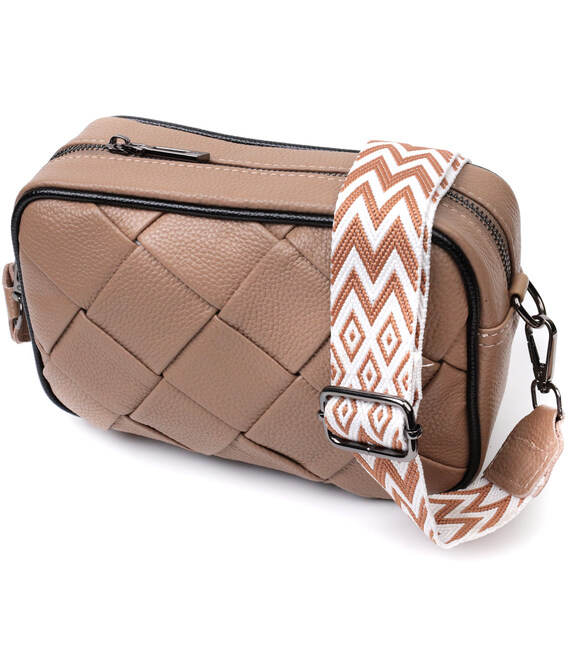 Модная кожаная сумка с переплетами для стильных женщин Vintage 22409 Бежевая фото, картинка, изображение