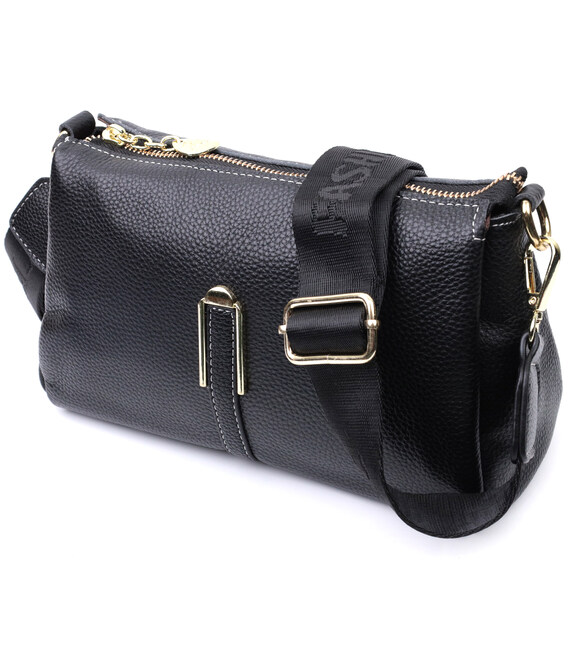 Женская сумка с металлическим украшением посередине из натуральной кожи Vintage 22607 Черная фото, картинка, изображение