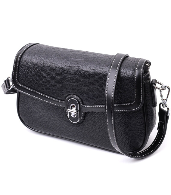 Элегантная женская сумка с фактурным клапаном из натуральной кожи Vintage 22624 Черная фото, картинка, изображение