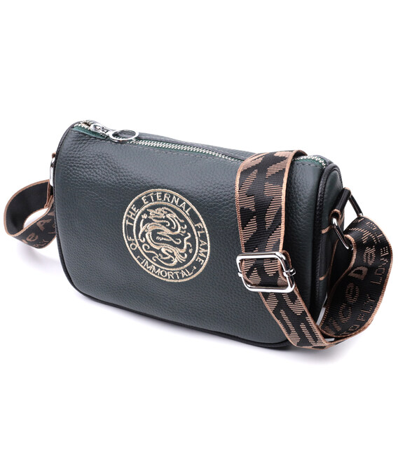 Модная женская сумка с вышивкой на лицевой стороне из натуральной кожи Vintage 22627 Темно-зеленая фото, картинка, изображение