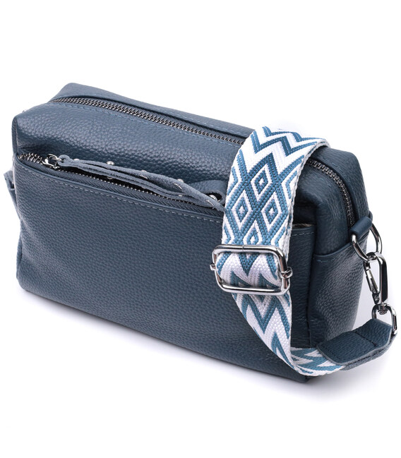 Женская кожаная сумка из стильным бегунком Vintage 22652 Синяя фото, картинка, изображение