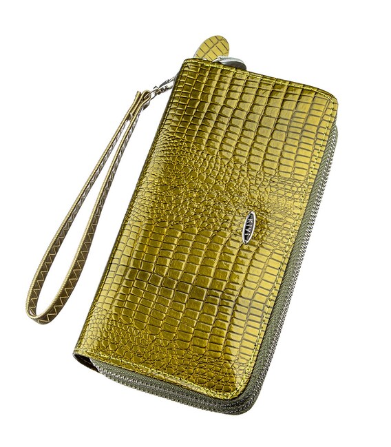 Кошелек женский из экокожи на две молнии лаковый KIVI Хамелеон 19023 Зеленый фото, картинка, изображение