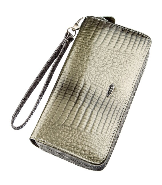 Кошелек женский из экокожи на две молнии лаковый KIVI Хамелеон 19024 Серый фото, картинка, изображение