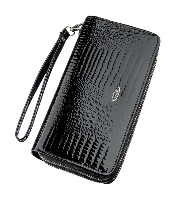 Кошелек женский из экокожи на две молнии лаковый KIVI Хамелеон 19026 Черный фото, картинка, изображение