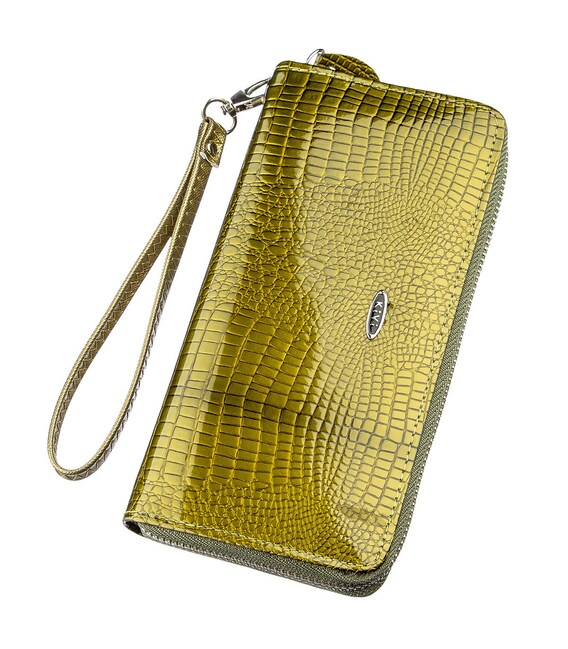 Кошелек женский на одну молнию из экокожи лаковый хамелеон KIVI 19027 Зеленый фото, картинка, изображение