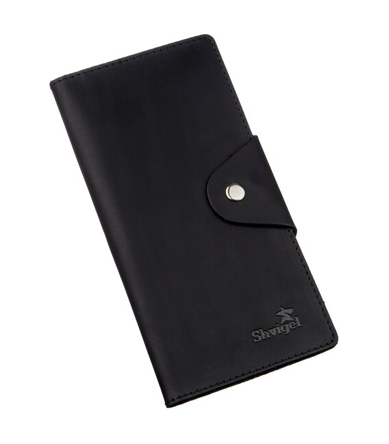 Бумажник мужской вертикальный из винтажной кожи на кнопках SHVIGEL 16182 Черный фото, картинка, изображение