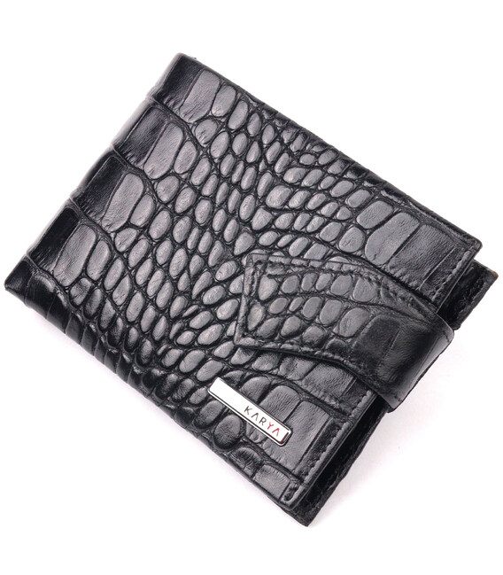 Превосходный мужской зажим из натуральной лакированной фактурной кожи под крокодила KARYA 21043 Черный фото, картинка, изображен