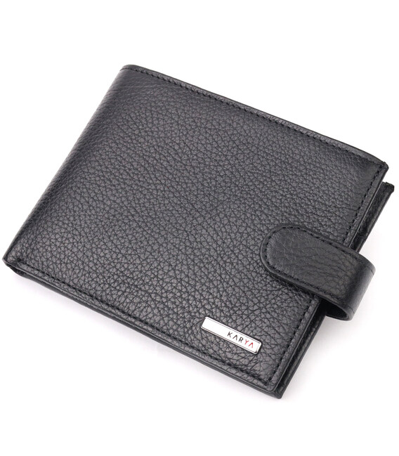 Классическое мужское портмоне с хлястиком из натуральной кожи KARYA 21084 Черный фото, картинка, изображение