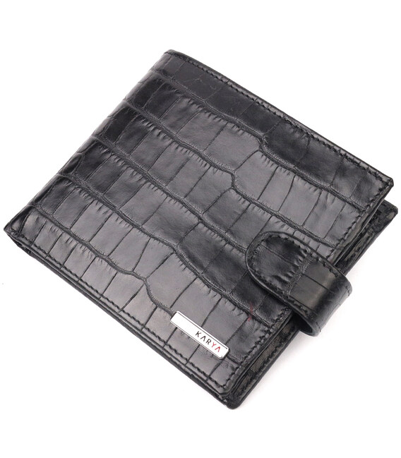 Горизонтальное узкое портмоне с хлястиком из натуральной фактурной кожи под крокодила KARYA 21089 Черный фото, картинка, изображ