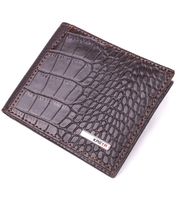 Фактурний чоловічий затиск із монетницею з натуральної шкіри з тисненням під крокодила KARYA 21405 Коричневий картинка, зображен