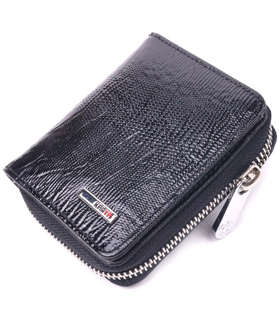 Лакированный кошелек для женщин с монетницей на молнии из натуральной фактурной кожи KARYA 21411 Черный фото, картинка, изображе