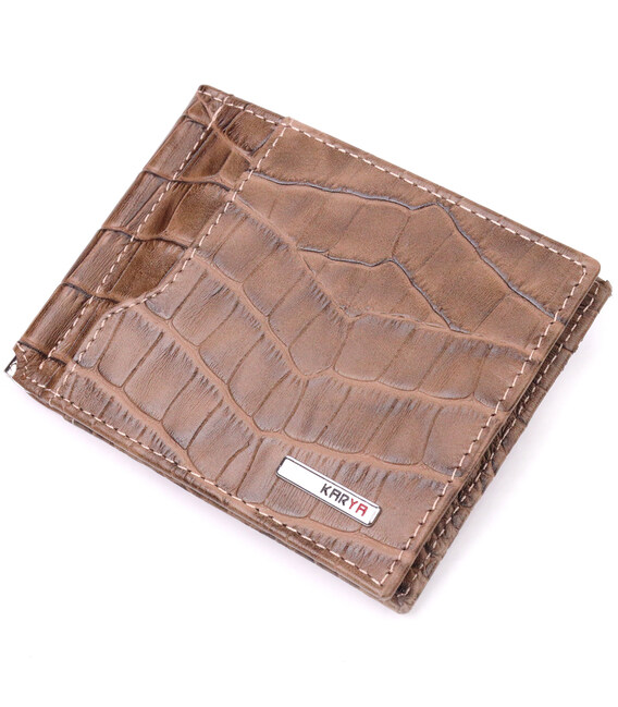 Фактурный мужской зажим из натуральной кожи с тиснением под крокодила KARYA 21415 Бежевый фото, картинка, изображение