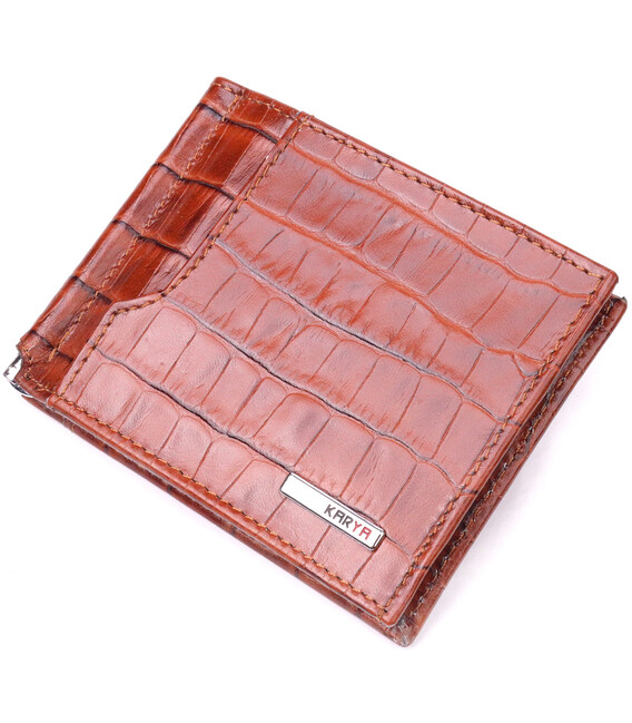 Фактурний затискач для чоловіків з натуральної шкіри з тисненням під крокодила KARYA 21418 Рудий картинка, зображення, фото