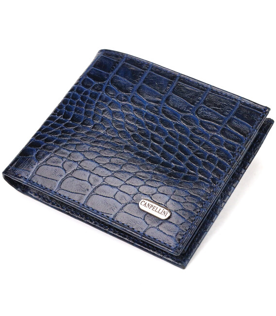 Стильный кошелек для мужчин в два сложения из натуральной фактурной кожи с тиснением под крокодила CANPELLINI 21580 Синий фото, 