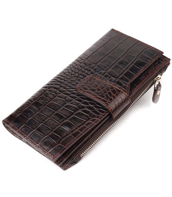 Вместительный кошелек из натуральной кожи с тиснением под крокодила CANPELLINI 21637 Коричневый фото, картинка, изображение