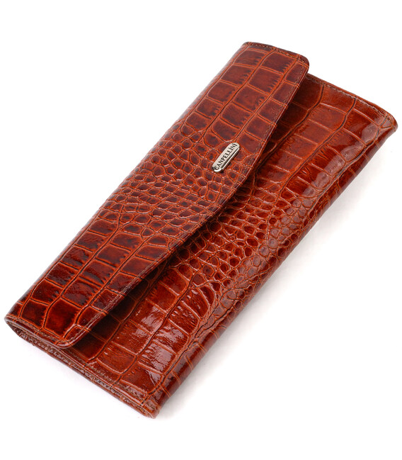 Женское портмоне из лакированной натуральной кожи с тиснением под крокодила CANPELLINI 21704 Коричневое фото, картинка, изображе