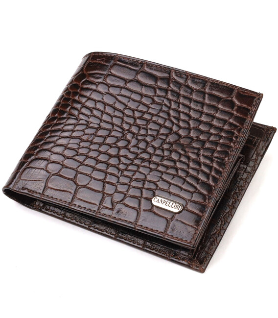Горизонтальный мужской бумажник среднего размера из натуральной кожи с тиснением под крокодила CANPELLINI 21860 Коричневый фото,