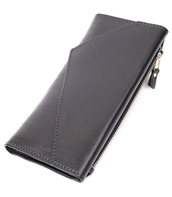 Стильный кошелек с монетницей снаружи из натуральной кожи GRANDE PELLE 11646 Черный фото, картинка, изображение