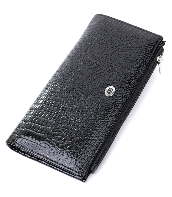 Лакированный тонкий кошелек с фактурой под рептилию из натуральной кожи ST Leather 22716 Черный фото, картинка, изображение
