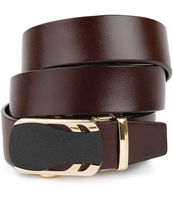 Ремень мужской с золотистой пряжкой автомат Vintage 20323 Коричневый фото, картинка, изображение