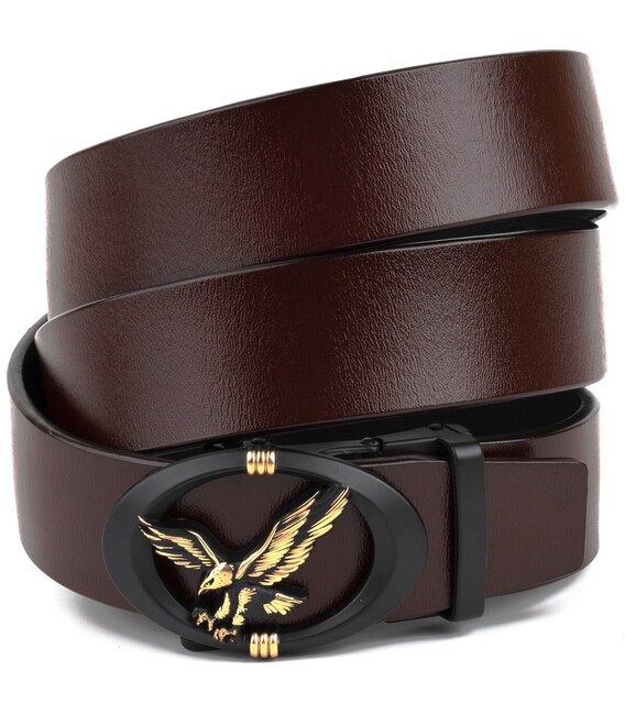 Ремень мужской с пряжкой автомат с силуэтом орла Vintage 20298 Коричневый фото, картинка, изображение