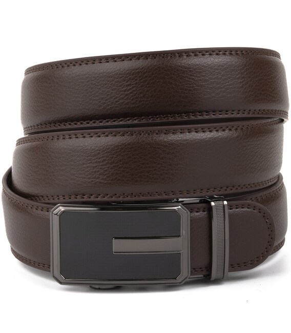 Ремінь чоловічий тонкий з пряжкою автомат і коричневою заливкою Vintage 20308 Коричневий картинка, зображення, фото