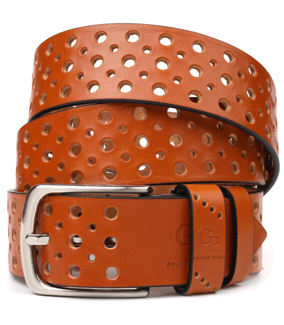 Интересный ремень унисекс с перфорацией из натуральной кожи Grande Pelle 21474 Рыжий фото, картинка, изображение