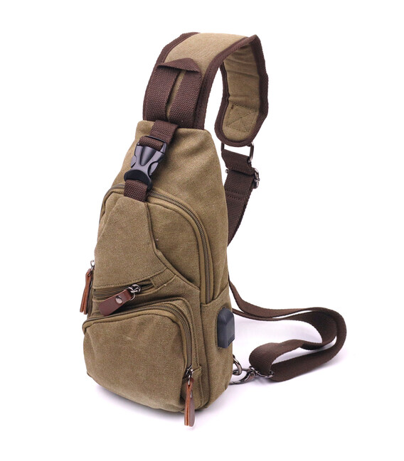 Сумка через плечо с USB кабелем мужская из плотного текстиля 21223 Vintage Оливковая фото, картинка, изображение